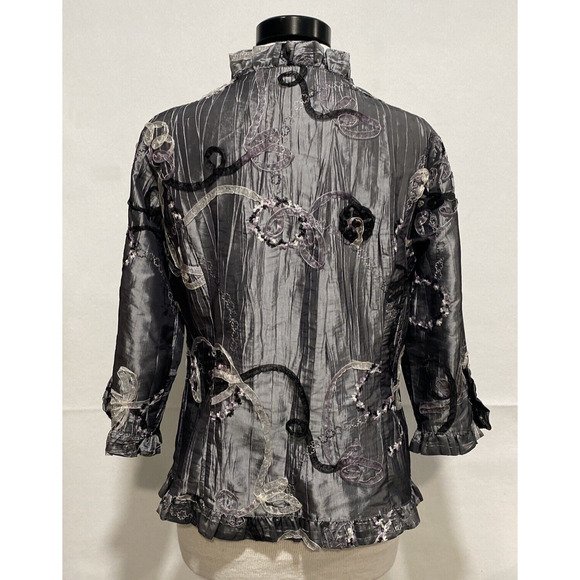 Unique Agora Crinkle Ribbon Detailed Artsy Graphite Evening Jacket Women's Large - Picture 5 of 11